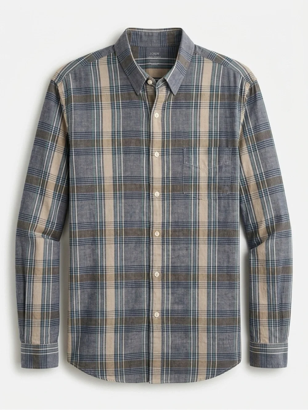 J.Crew Men’s Lightweight Chambray Plaid Button Down Shirt Blue Gray Tan Large